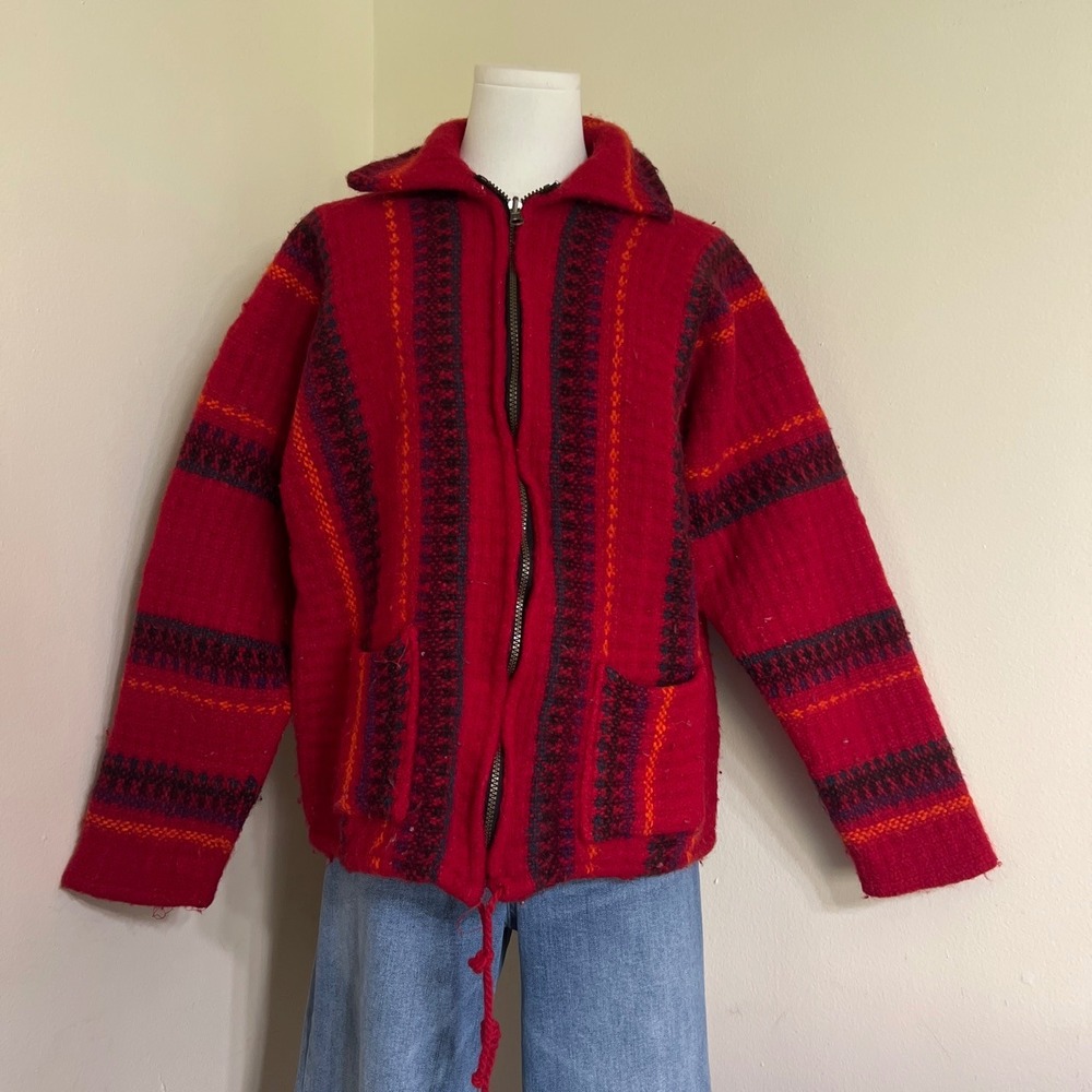 Vintage Otavalo Ecuador Hand Knit 100% Wool Zip Up Cardigan Sweater Jacket Red